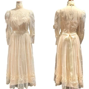 VTG Victorian Style Lace & Satin Long Sleeve High Neck Ivory Wedding Dress NWOT - Picture 1 of 14