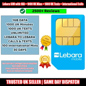 Sim Lebara PayG z 1 GB + 1000 min w Wielkiej Brytanii + 1000 tekstów w Wielkiej Brytanii + połączenia międzynarodowe - Zdjęcie 1 z 7