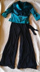 R & M Richards 2 Piece Evening Wear Pant Suit Sz M Black Sheer Peacock Shiny - Picture 1 of 23