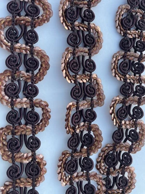 Disfraz De Colección Cobre Lentejuelas Lazo Trenza Gimp Borde Marrón Trenza 3 Tiras 19" x1" Foto 1 de 4