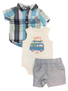Infant Boys 3PC Baby Outfit Surfs Up Bodysuit Blue Plaid Shirt & Shorts - Picture 1 of 1