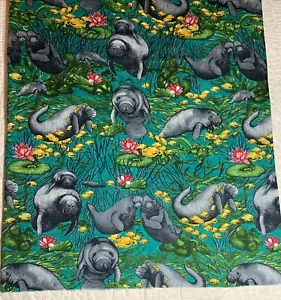 1 Yd Vtg C S Shamash & Sons Inc #1177 Manatees All Over Lily Pads Turtles 42" W - Picture 1 of 11