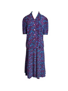 Vintage Leslie Fay Sekretärin Kleid 2-teilig Damengröße 12 Pflaume Blumenmuster Plissee - Bild 1 von 10