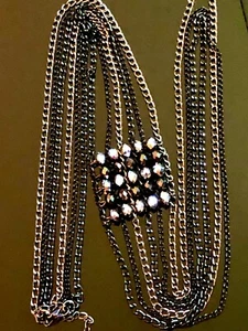 VTG Y2K Multi Strand Silver Black Chains Faceted Beads Long Y Drop Necklace - Picture 1 of 9
