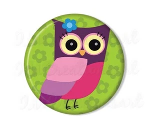 Lovley Purple Lime Green Tree Owl - Handmade Pocket Mirror, Magnet, or Pin 2.25" - Picture 1 of 4