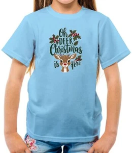 Oh Deer Christmas Is Here - Kids T-Shirt - Cute Xmas Santa Festive Love - Picture 1 of 13