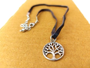 Tree of Life Silver Coloured Pendant on Black Leather Necklace India Unisex - Picture 1 of 6