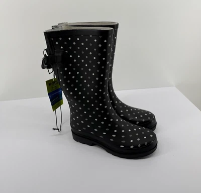 Western Chief rain boots Black, gray and white polka dots womens Size 6 New - Image 1 of 4