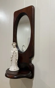 Vintage Wood Mid Century Oval Mirror Wall Trinket Display Perfume Floating Shelf - Picture 1 of 9