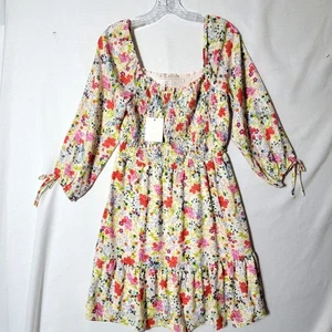 Lauren Conrad Womens Midi Dress Sz M Smocked Bodice 3/4 Tie Sleeves Floral NWT - Picture 1 of 13