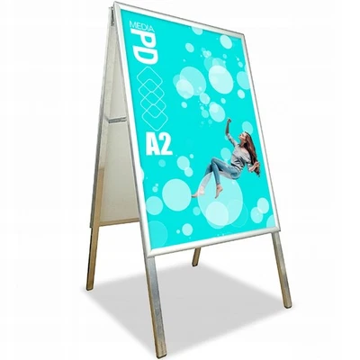 PD MEDIA Kundenstopper A2 Silber – Zweiseitiger Plakatständer mit OWZ-Rahmen & UV-Fol