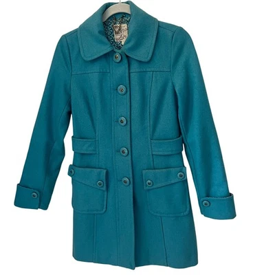 Тюль бирюзовый синий шерстяная смесь кнопка спереди пальто женский размер XS - Изображение 1 из 4