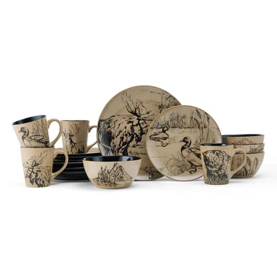 Mossy Oak Animal Print 16 Piece Dinnerware Set, Service for 4, Black and Beige - Image 1 of 4