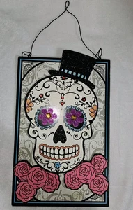 Day of the Dead Sugar Skull Sign Halloween Wall Hanging Dia de Los Muertos 13" - Picture 1 of 3
