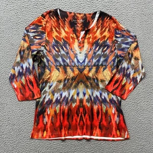 Jane Ashley Henley Top M Colorful Southwestern Y2K Ribbed Rhinestones Aztec - Picture 1 of 11