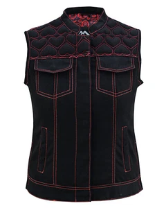 Ladies Womens Black  Denim Biker Vest with Hearts and Red Stitching Motorcycle - Picture 1 of 4