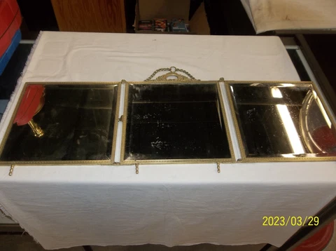 Antique French Bronze/ Brass Ornate Tri-Fold Carry Mirror w/ Beveled Glass Cover