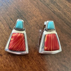 VTG Earrings 1" Faux Red Orange Marble Turquoise Boho 925 Sterling Silver 7.3g - Picture 1 of 5