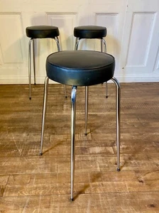 1 of 3 Matching Original Vintage Mid Century 1960s Black & Chrome Stools. - Picture 1 of 12