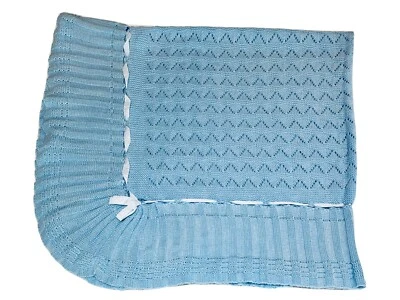 VINTAGE Hand Knit Crocheted Blue Baby Blanket w/ Ribbon Quilt Nursery EXC! - Image 1 of 4
