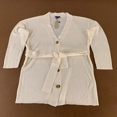 Boohoo Women's Size 8 Ivory Long Sleeve Belted V Neck Cardigan Sweater NWT *Flaw - Image 1 of 4