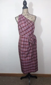 NWT J Crew Womens Ocho Silk Plaid One Shoulder Bow Dress Size 4 Pink Sheath - Picture 1 of 11