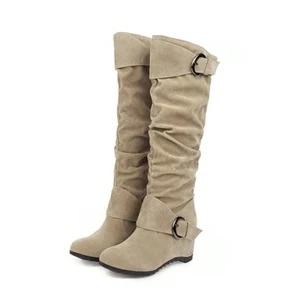 Women's Wedge Heel Round Toe Shoes Buckle Faux Suede Mid Calf Boots Beige Size 9 - Picture 1 of 5