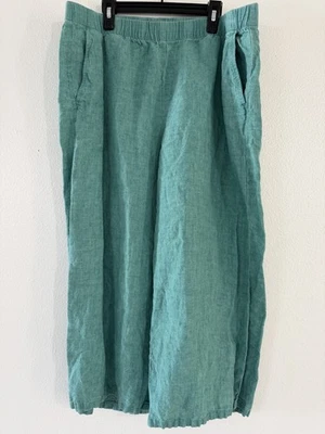  Eileen Fisher Size Petite Large Organic Linen Wide Leg Pants Deep Aqua Pockets - Image 1 of 4