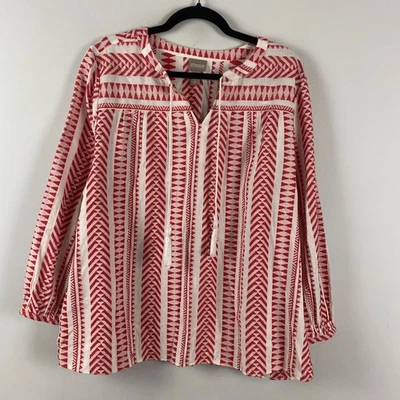 Chicos Popover Blouse Size 3 US XL Red White Tassel Split Neck 3/4 Sleeves - Image 1 of 4