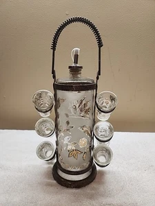 Set caddy decanter in vetro vintage metà secolo - 6 bicchieri da tiro - incisi e dorati - Foto 1 di 9