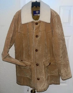Vintage RAVEN Men’s XL Tan Suede Sheepskin Coat Big Buttons And Pockets 70s 80s - Picture 1 of 12