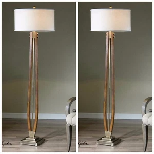 TWO MISSION 66" HONEY STAINED WOOD FLOOR LAMPS BRUSHED COFFEE BRONZE METAL 28105 - Picture 1 of 8
