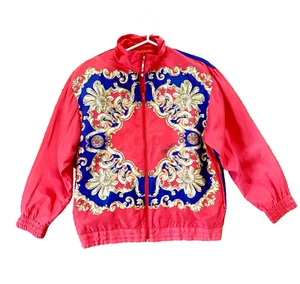 Vtg OLEG CASSINI Red Gold & Navy BAROQUE 100% Silk Unisex Bomber Jacket Zip SZ S - Picture 1 of 11