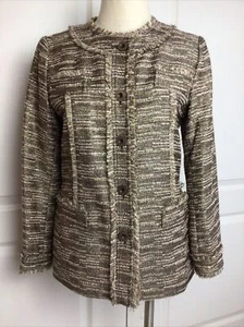 Ellen Tracy Brown Tweed Wool Blend  Lined Jacket With Metallic Threading 4 - Picture 1 of 6