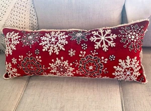 Weihnachten rot Samt GROSS 34" Deko Kissen Kissen Schmuck Perlen Schneeflocken - Bild 1 von 10