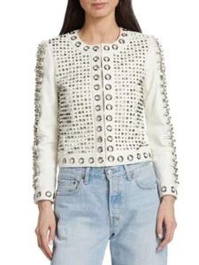 Neu mit Etikett Alice & Olivia Kidman verzierte Lederjacke weiß silber Größe XL DAMEN - Bild 1 von 14