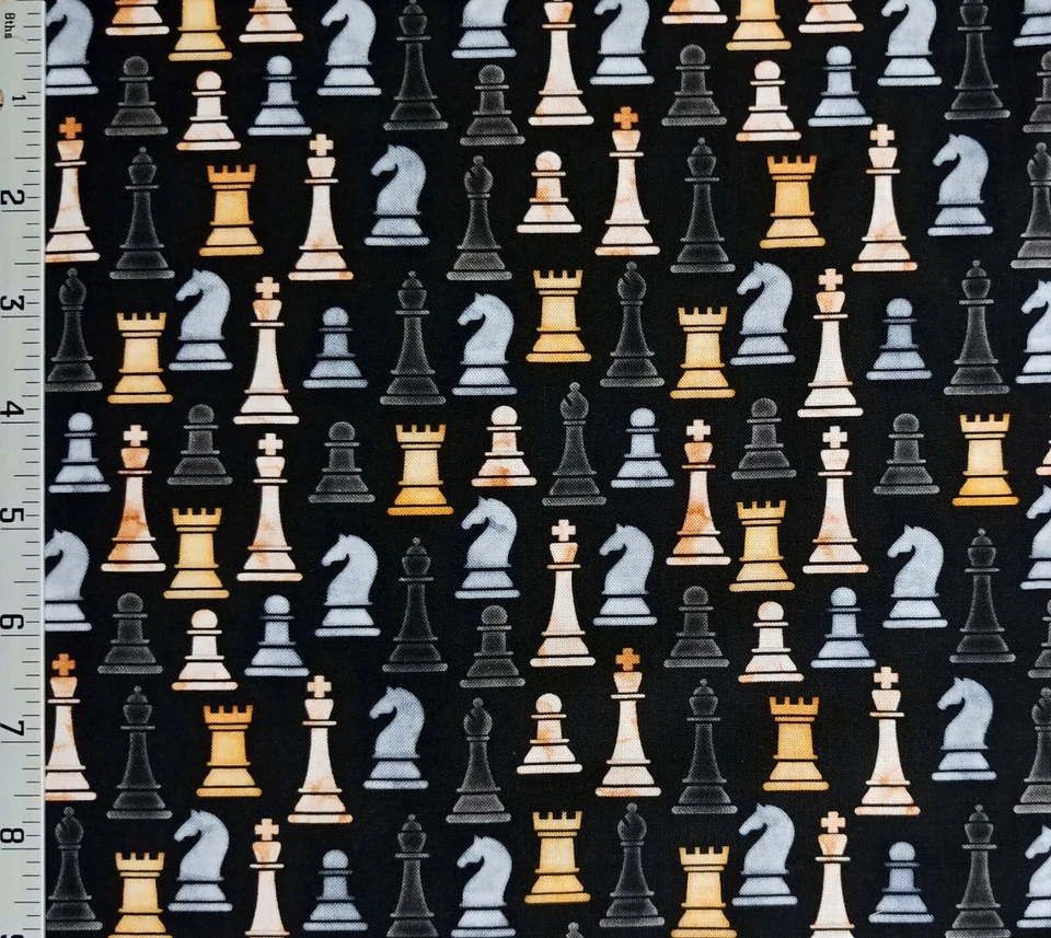 Ebony Chess Checkmate Robert Kaufman Cotton Fabric Pawn Rook Bishop Knight Queen - Image 1 of 1