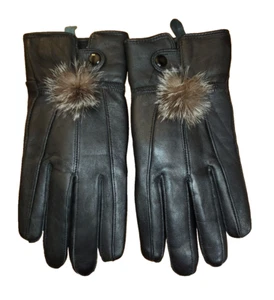Womens Large Black Gloves Faux Lether Rabbit Fur Ball Puff - Picture 1 of 13