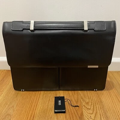 Hugo Boss Leather Shoulder Messenger Briefcase Bag Black 16" x 12" - Image 1 of 4