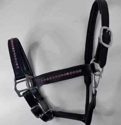 Leder Pferd gepolstert Kopf Halsband Halfter mit rosa Kristall alle Größen ko... - Bild 1 von 4