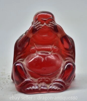 2.6" Old China Red Amber Carved Happy Laugh Maitreya Buddha“不看”Statue Sculpture - Image 1 of 4