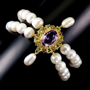 925 Sterling Silver Bracelet Oval Amethyst 12x10mm Peridot Pearl Jewelry 7.5inch - Picture 1 of 13
