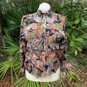 Vintage 90s Batik Button Up Shirt Black Floral Blouse Outback Red Size M - Picture 1 of 10