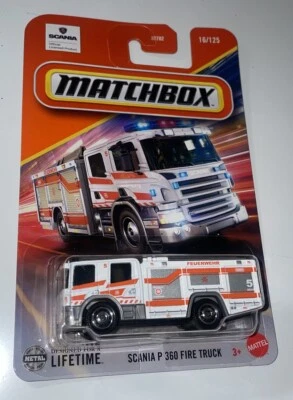 MATCHBOX MBX Scania P360 Fire Truck Diecast White Orange Strip - Image 1 of 4