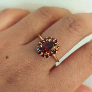 Anello Placcato Oro 18k Anello Granato Rosso Granato Autentico Mozambico Anello Granato - Foto 1 di 4