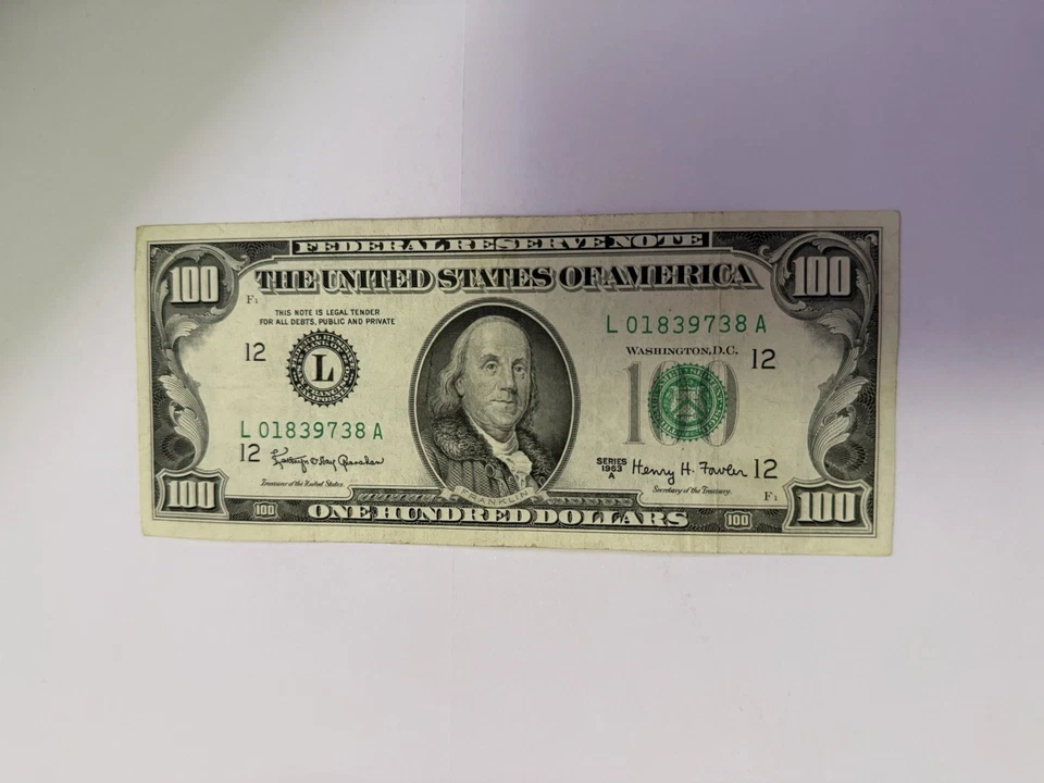 USA Bank Note: USA, One Hundred Dollar 1963 A No. L01839738A - Image 1 of 2
