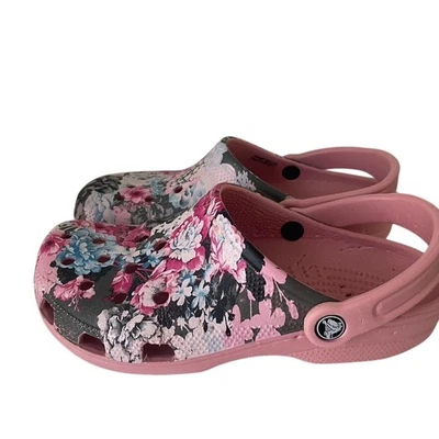 Crocs Floral Pink Rose Black Comfort Clogs Womens Size 8 - Image 1 of 4