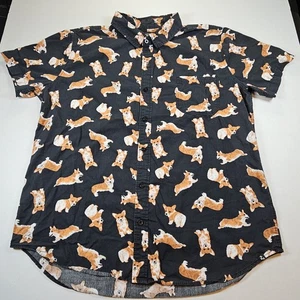 Rude XL Corgi Dog Print Button Up Shirt Black Short Sleeve Casual 100% Cotton - Picture 1 of 10