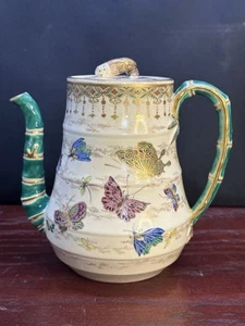 Japanese Meiji Satsuma Chocolate Pot w/ Butterflies Bamboo Spout Cicada Finial - Picture 1 of 23