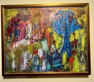 Original buntes abstraktes Gemälde strukturiert 32”x26” gerahmt NY Deborah Barnett - Bild 1 von 12
